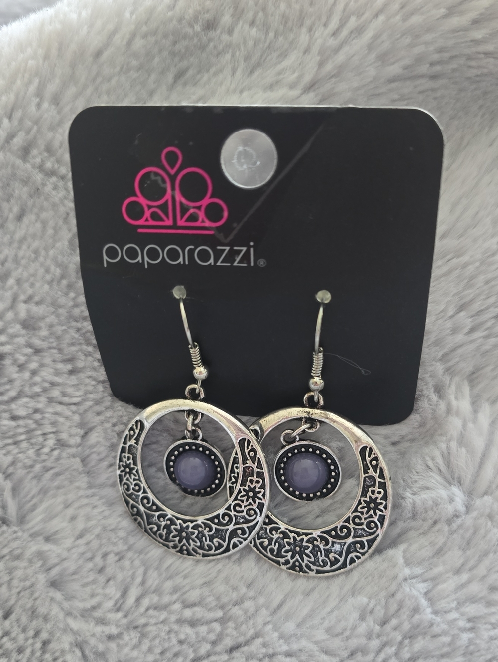paparazzi Silver Filigree Circle Drop Earrings with Purple Cabochon